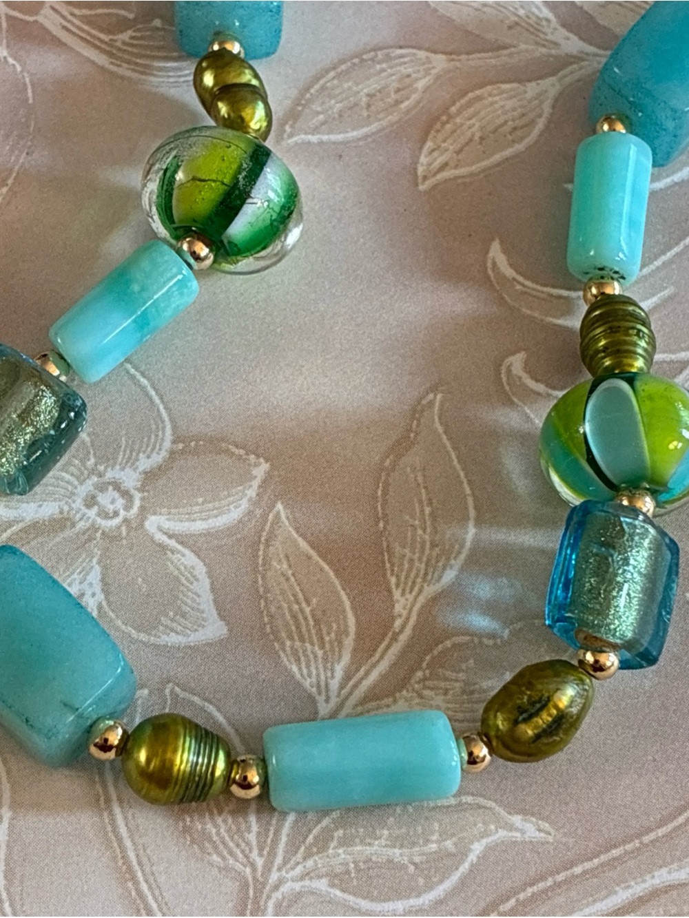 Hand crafted necklace with stone, pearl, and art glass beads in aqua and green - Picture 5 of 7